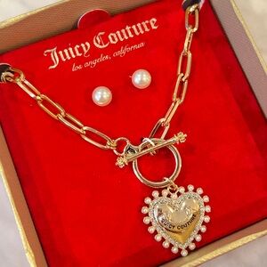 Juicy Couture Gold Heart Charm Link Chain Necklace with Earrings